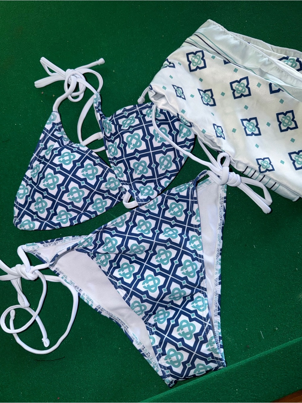 Louis Vuitton Navy White Green Geometric Triangle Bikini Set